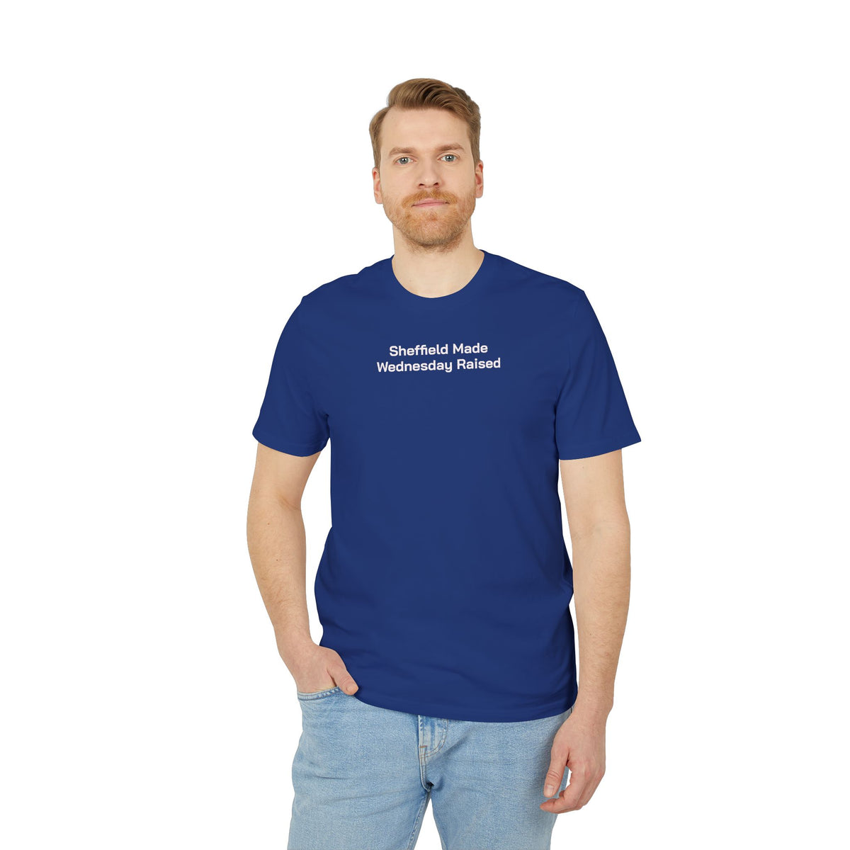 Man in jeans wearing the royal blue Sheffield Wednesday embroidered T-shirt