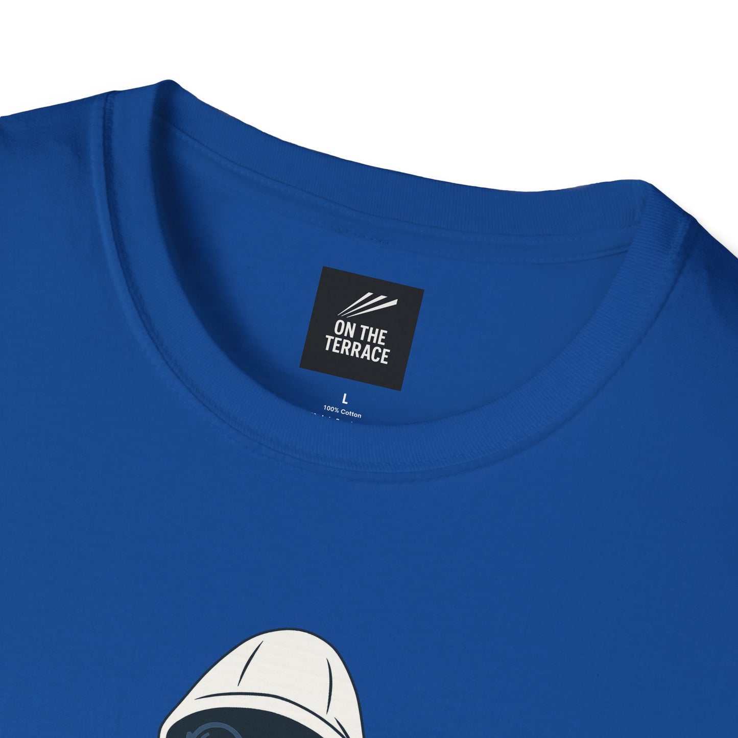 Blue cotton T-shirt with On The Terrace label and graphic print detail