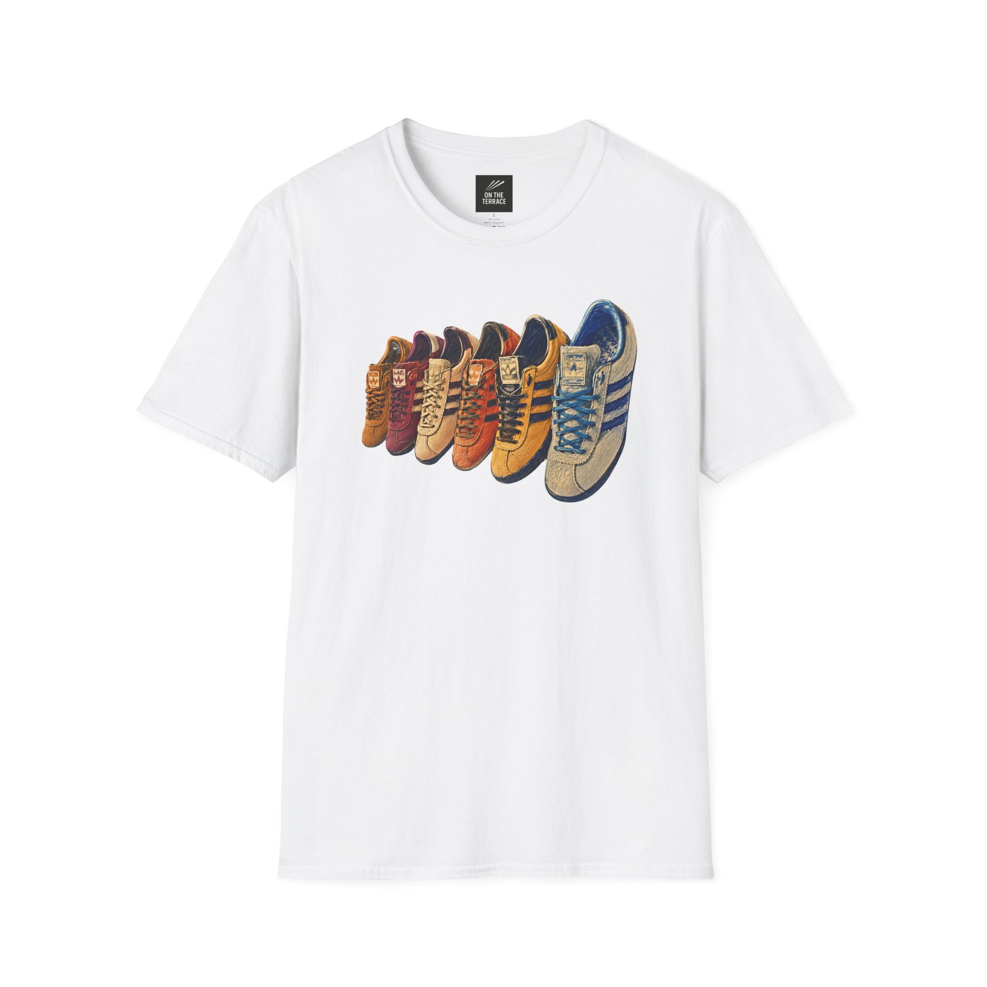 White t-shirt with colorful row of retro sneakers graphic print
