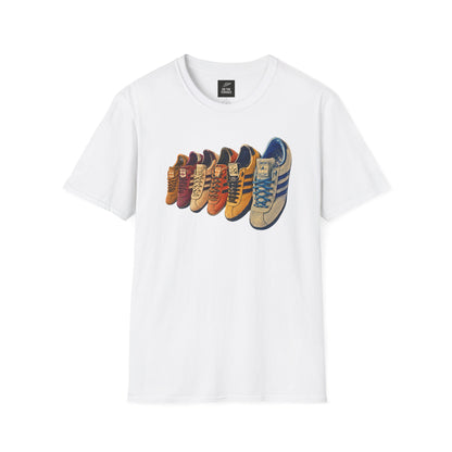White t-shirt with colorful row of retro sneakers graphic print
