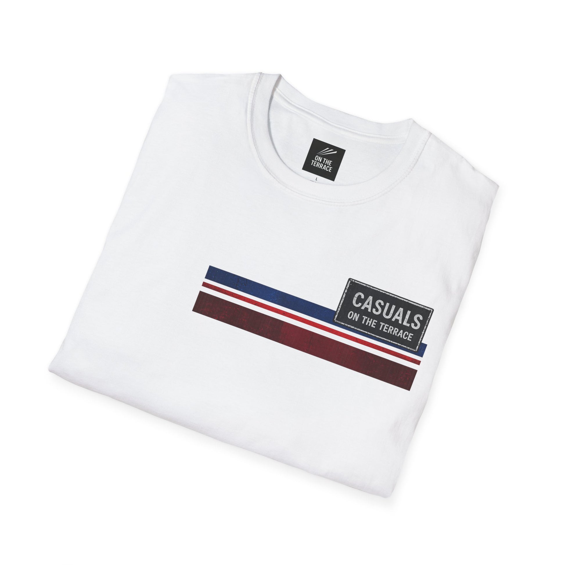 White Casuals On The Terrace graphic t-shirt with retro blue red and white stripes