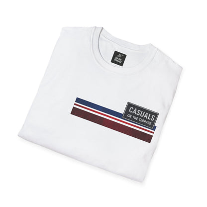White Casuals On The Terrace graphic t-shirt with retro blue red and white stripes
