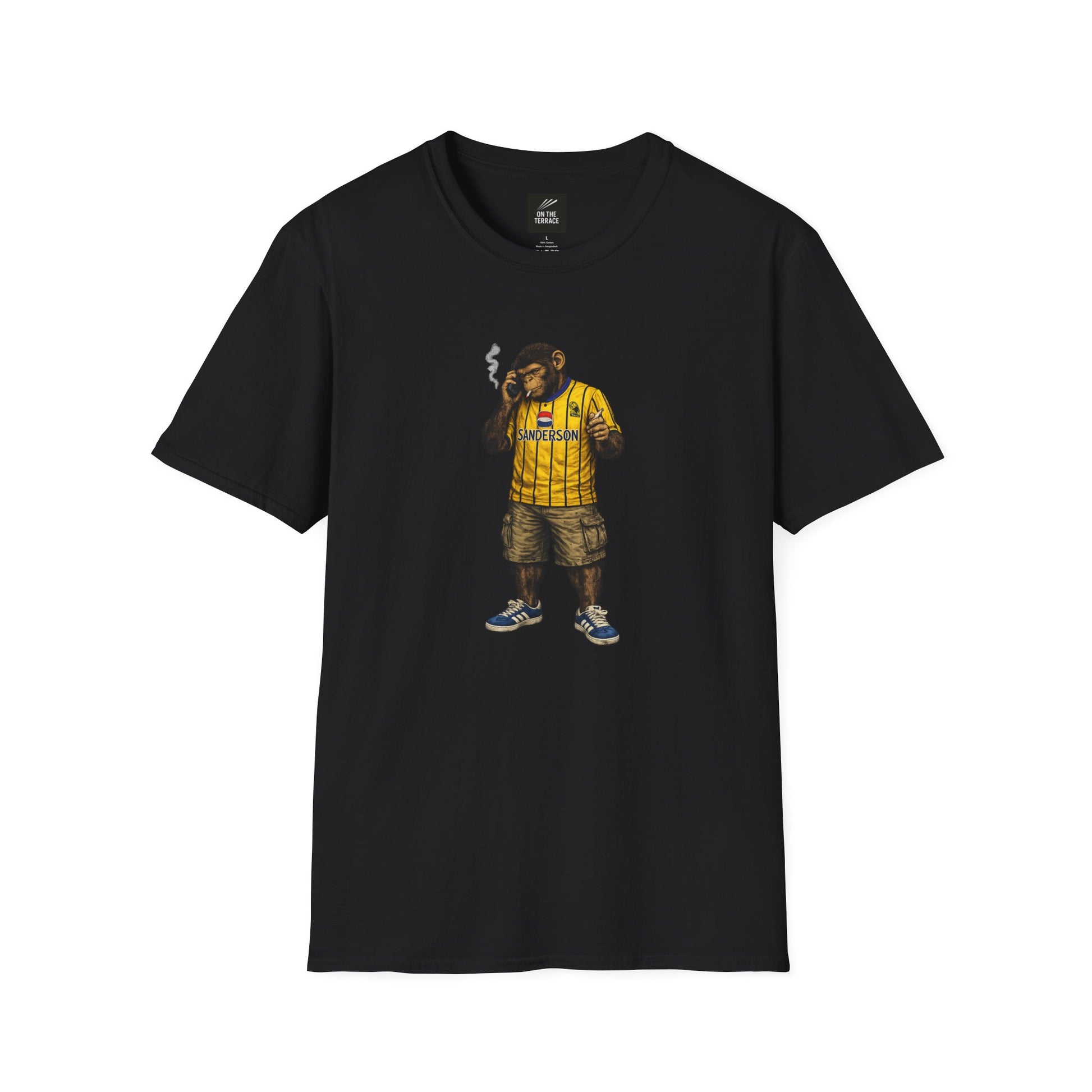 Black SWFC-inspired t-shirt featuring a graphic of a chimpanzee in a vintage yellow Sanderson away kit, smoking and using a mobile phone.