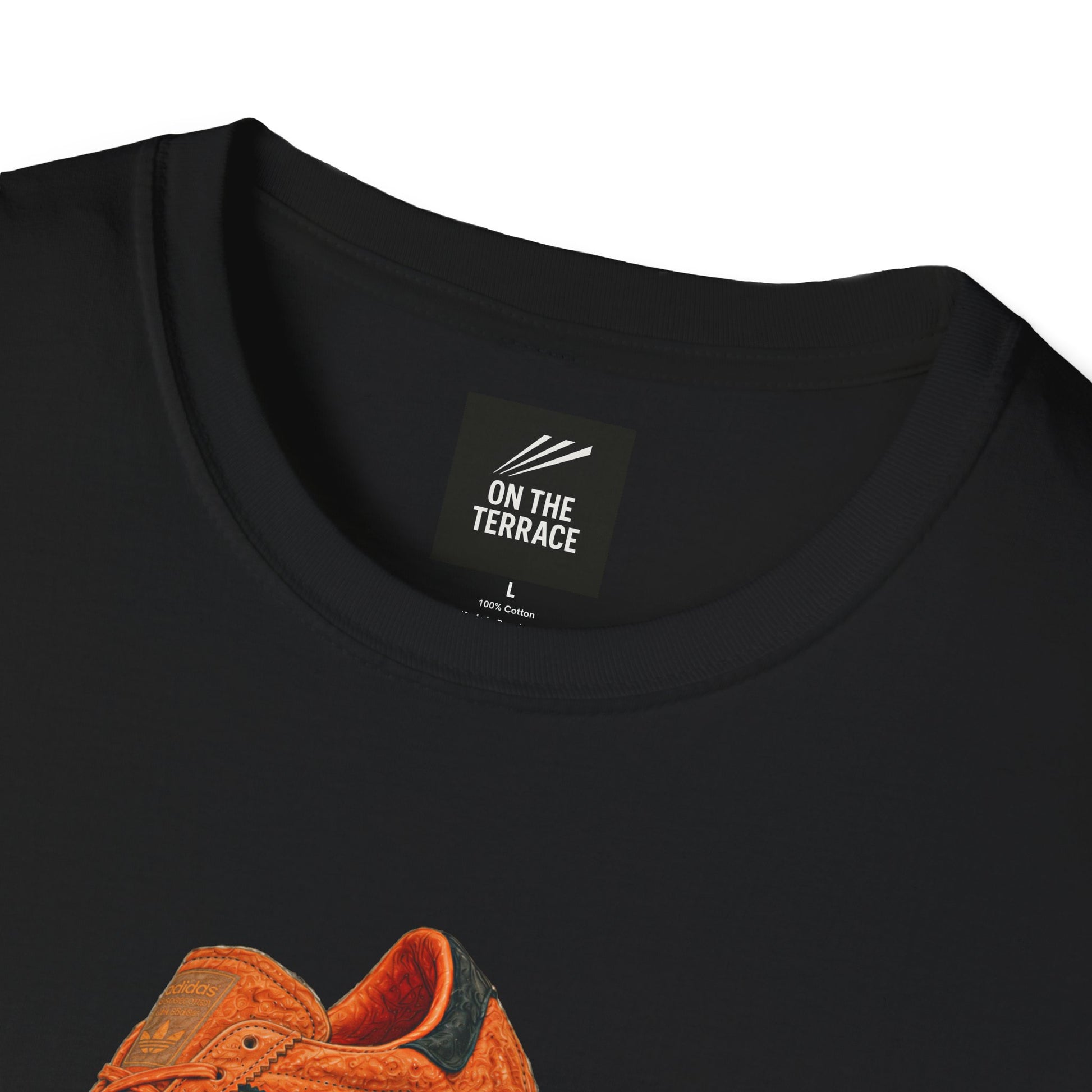 Black t-shirt with orange retro sneaker graphic print showing side and sole view