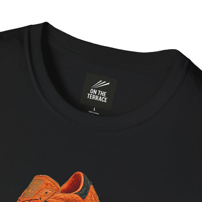 Black t-shirt with orange retro sneaker graphic print showing side and sole view
