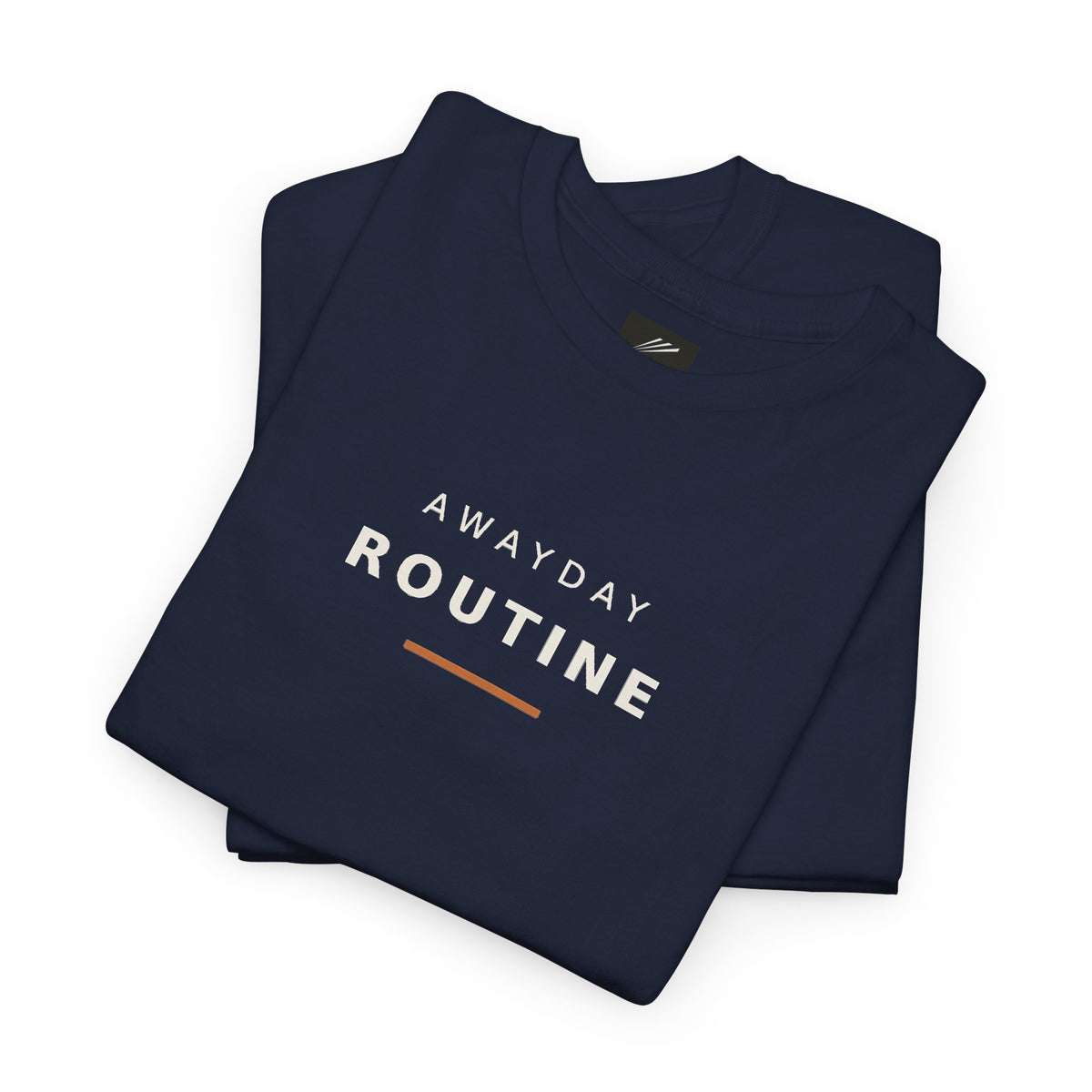 Folded navy T-shirt showing Awayday Routine slogan and orange bar