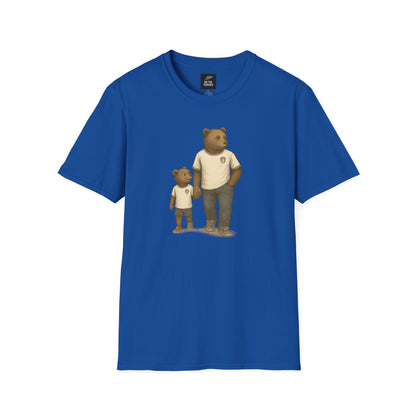 Leeds United Blue t-shirt with illustration of adult and child bears holding hands wearing matching white shirts and casual pants