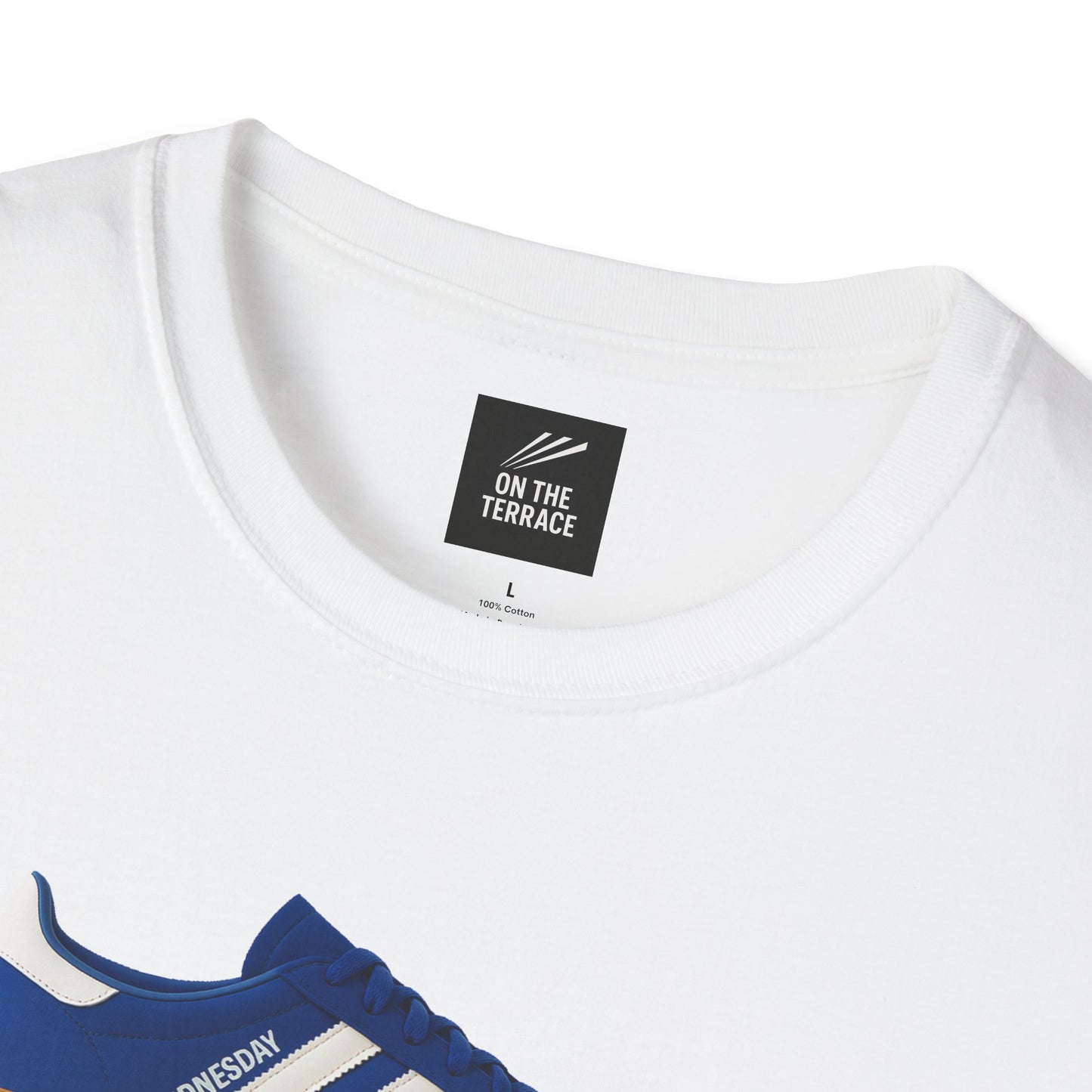 Sheffield Wednesday T-Shirt - Adidas Owls design in blue sneaker print on white cotton tee with 'On The Terrace' label, unisex streetwear style.