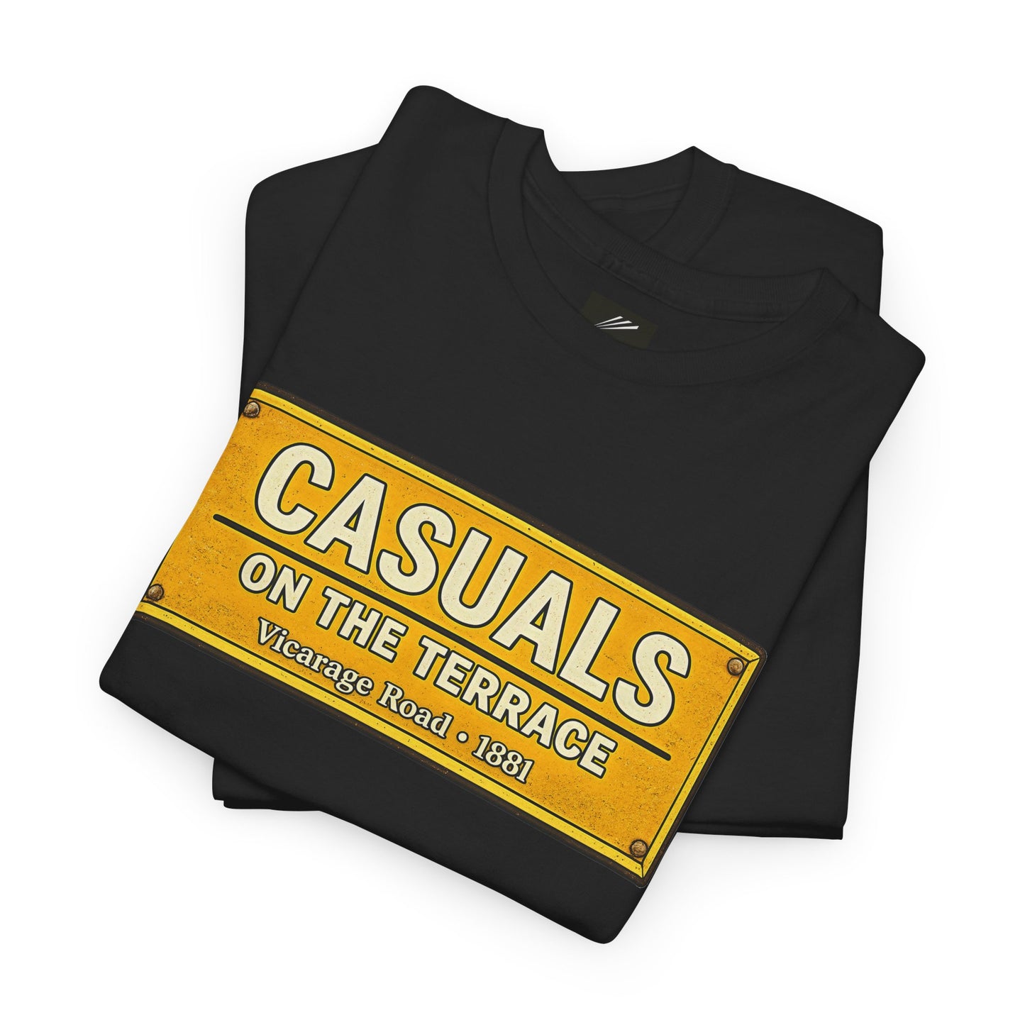 A folded black Watford t-shirt featuring a vintage-style yellow street sign graphic on the front with the text 'CASUALS ON THE TERRACE Vicarage Road • 1881'.