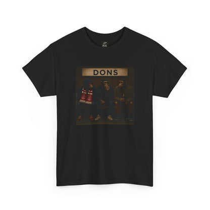 A black short-sleeve crewneck Aberdeen t-shirt featuring a rectangular graphic print on the front with the word 'DONS' above a dark-toned illustration of four men standing together.