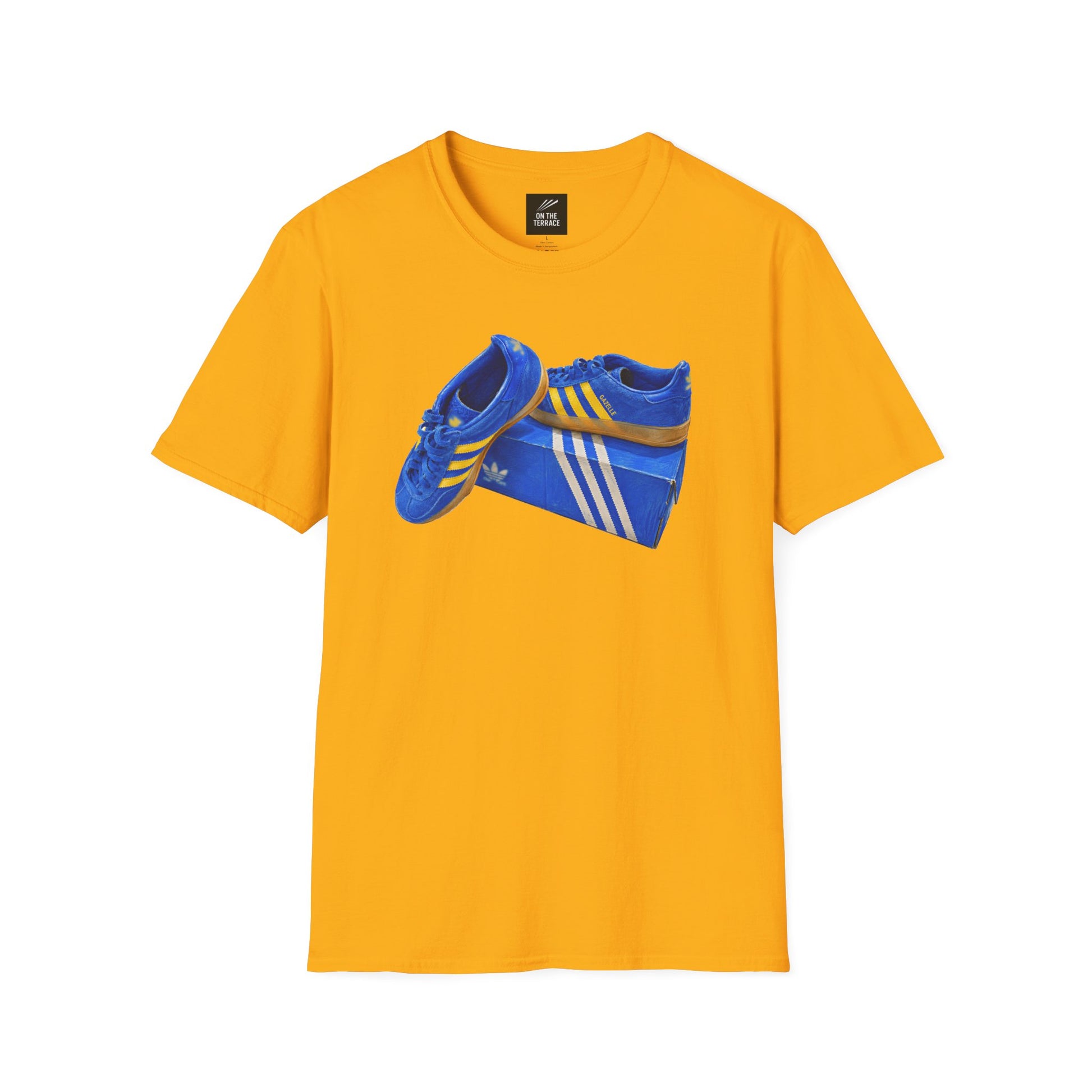 Yellow retro sneaker graphic t-shirt with blue vintage trainer and shoebox print
