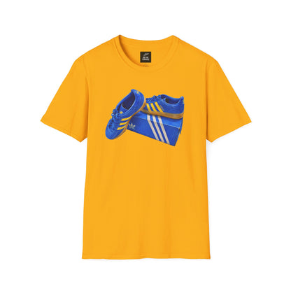Yellow retro sneaker graphic t-shirt with blue vintage trainer and shoebox print