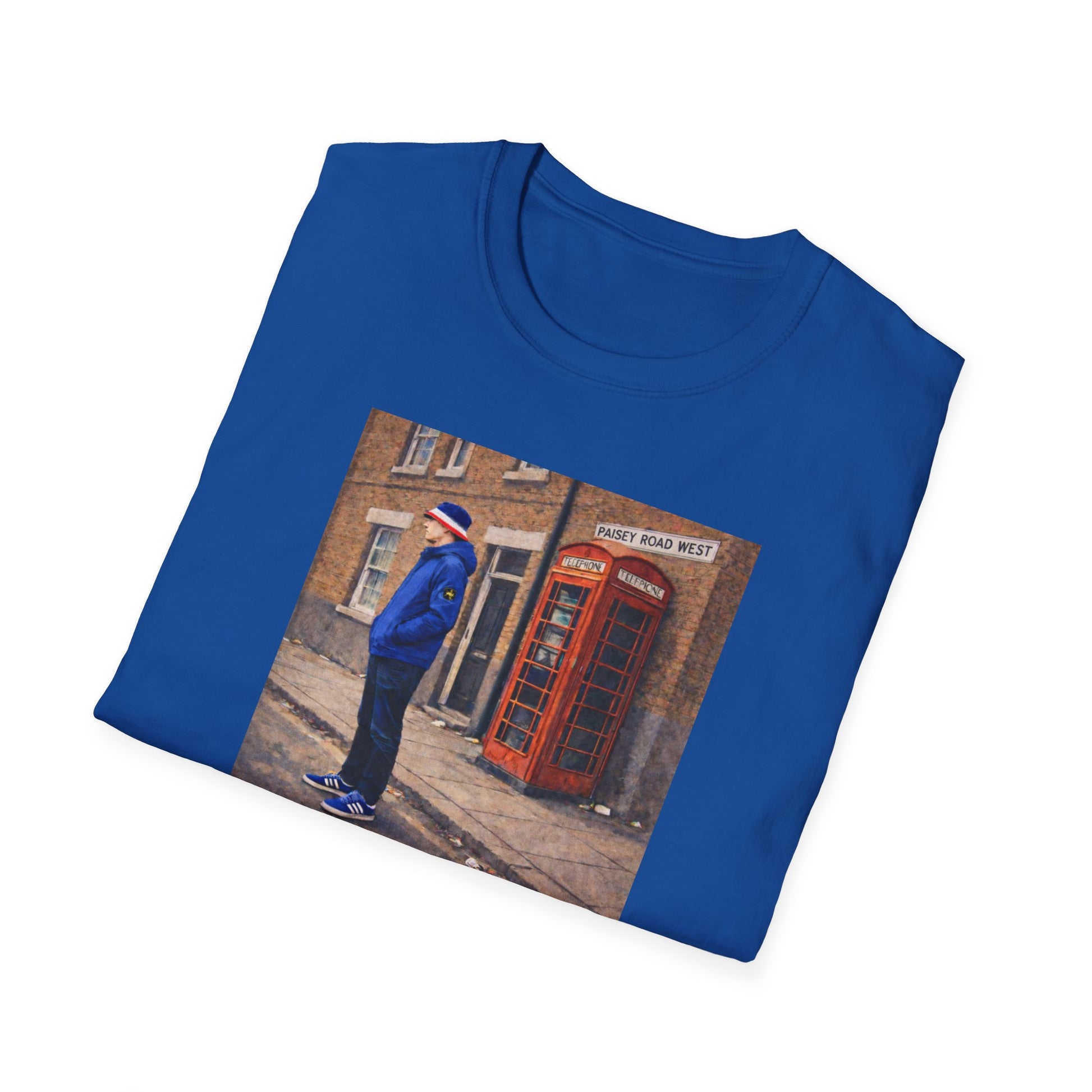 Folded Blue Rangers t-shirt featuring a football casual design with a man in blue standing near a red British phone box on Paisey Road West