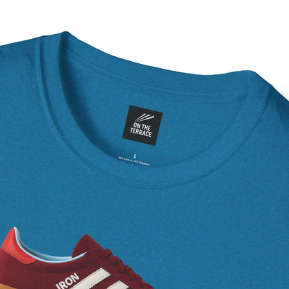Blue football casual t-shirt with sneaker graphic and On The Terrace label
