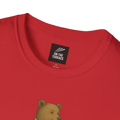 Red t-shirt with a bear illustration and 'On The Terrace' label on a white background