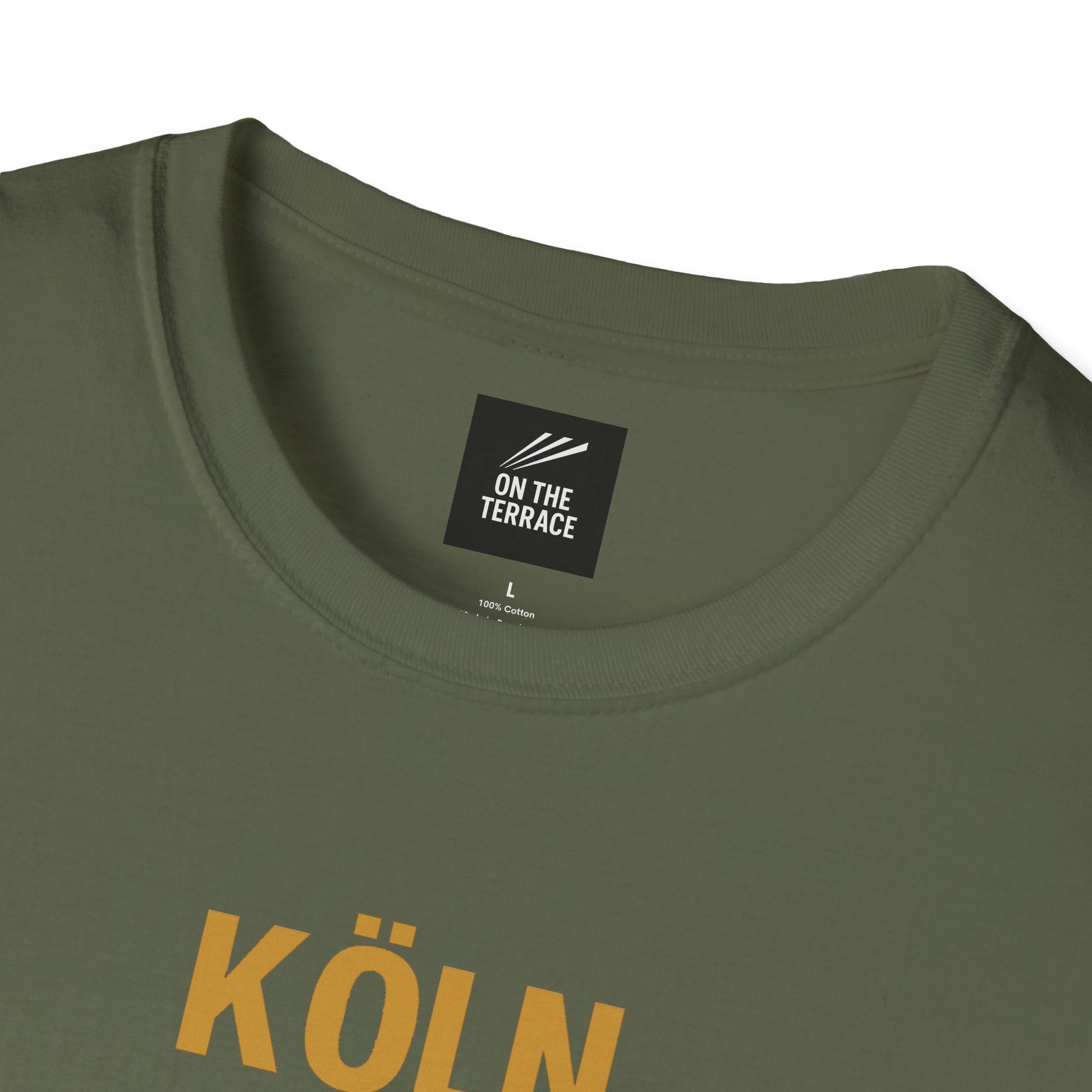 Olive green cotton t-shirt with yellow KÖLN text and On The Terrace label