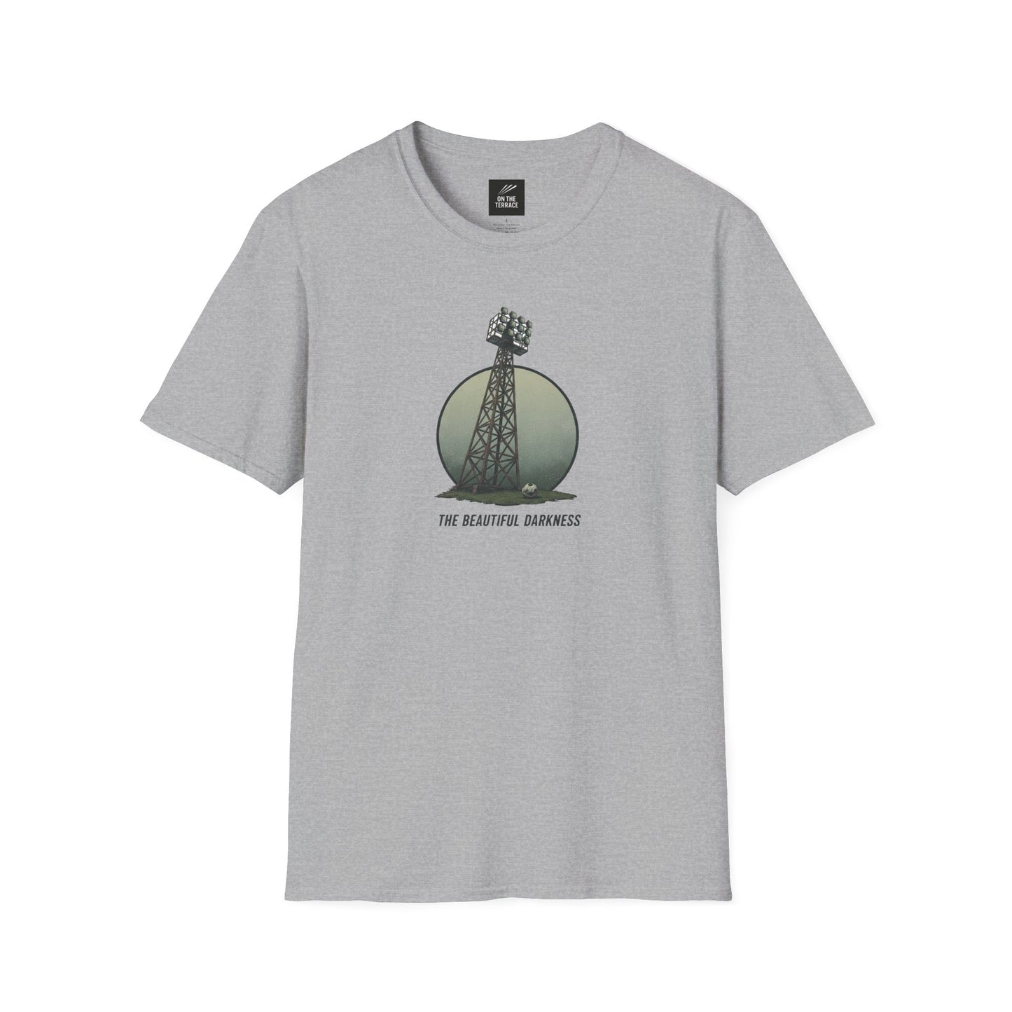 Light gray t-shirt with graphic of stadium floodlight tower and text The Beautiful Darkness