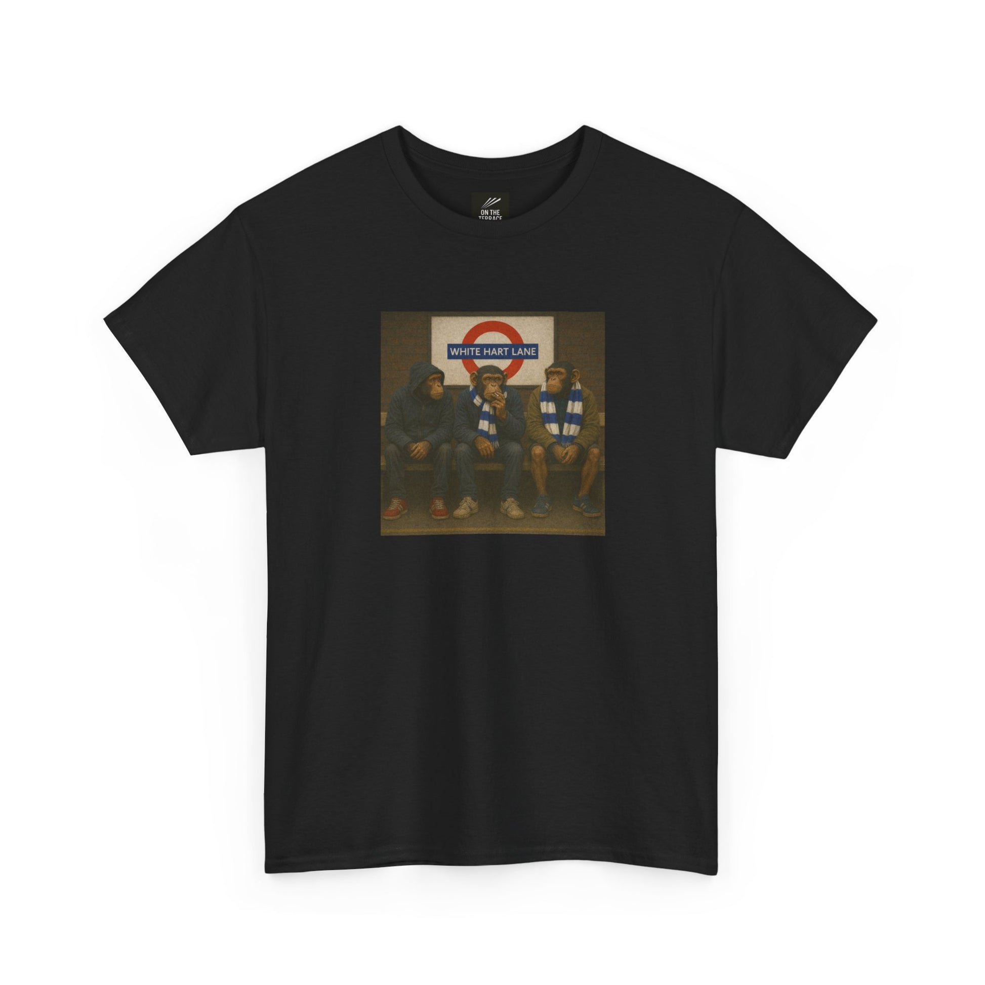 Black Spurs t-shirt with a graphic of four people sitting on a bench in front of a sign.