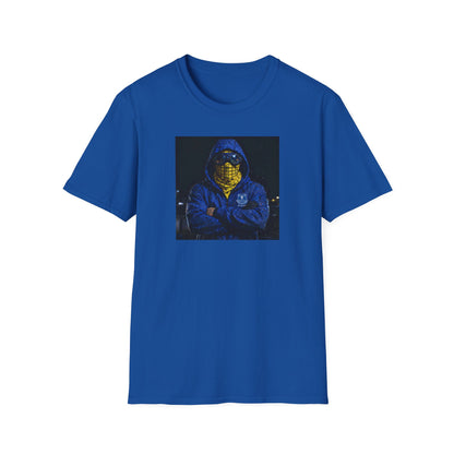 Blue Everton t-shirt featuring a football casual design of a person in a blue hoodie and yellow scarf with goggles, standing with arms crossed