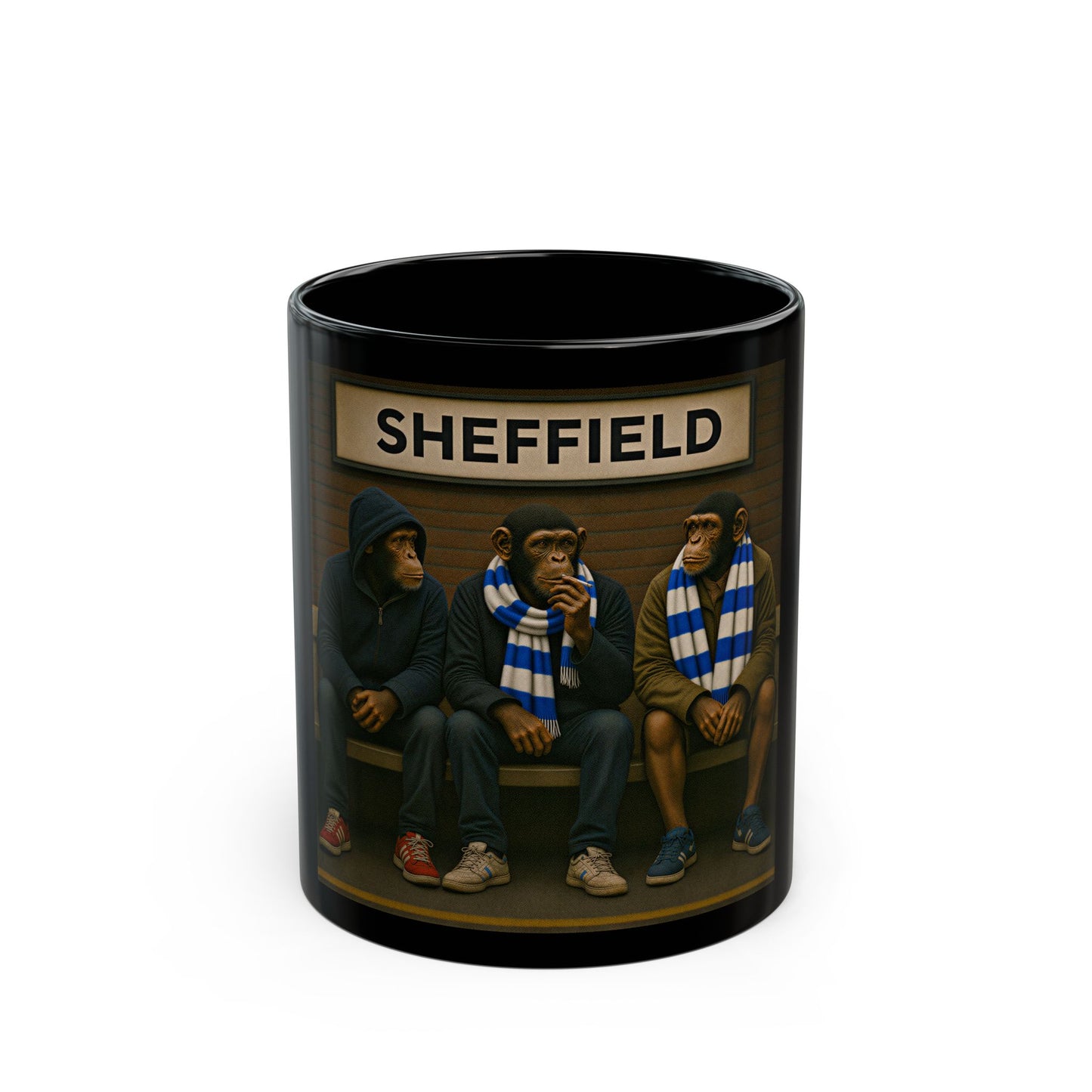 Ceramic mug with three chimpanzees wearing scarves and 'Sheffield' sign with  SWFC scarfs