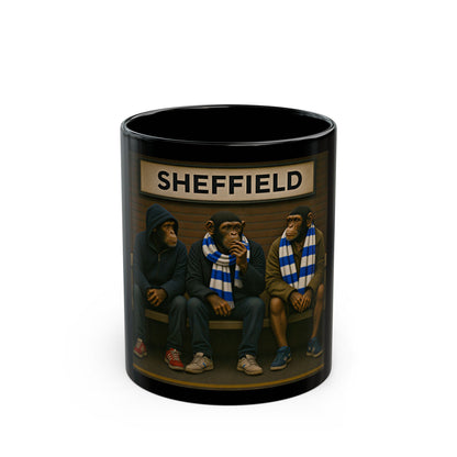 Ceramic mug with three chimpanzees wearing scarves and 'Sheffield' sign with  SWFC scarfs