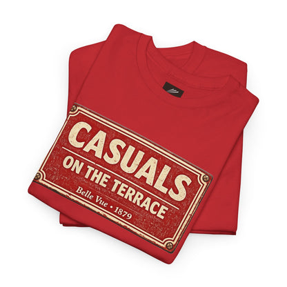A folded red DRFC t-shirt flat lay featuring a central vintage red and white street sign graphic reading "CASUALS ON THE TERRACE" with "Belle Vue • 1879" printed below, and an inner neck label for On The Terrace. on a white background.