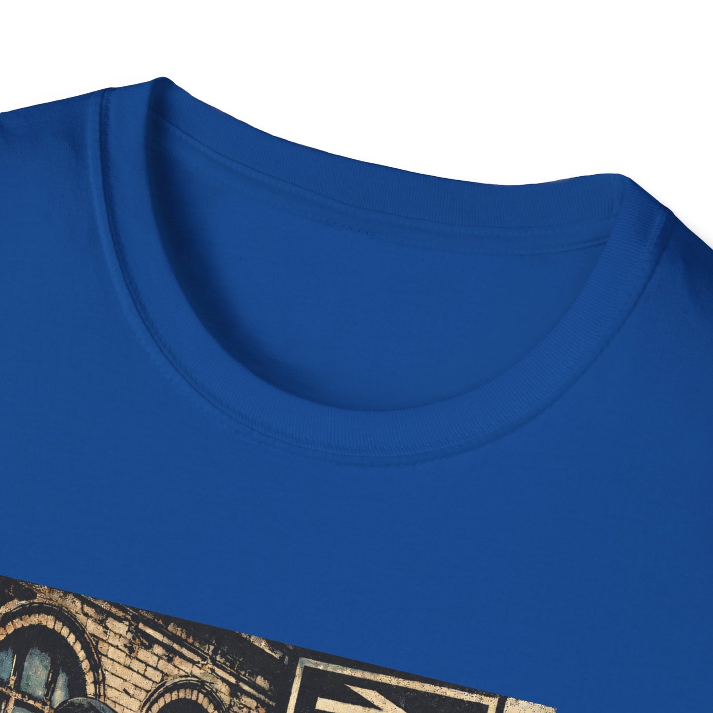 Leeds United Close-up of a blue t-shirt with a graphic design on a white background