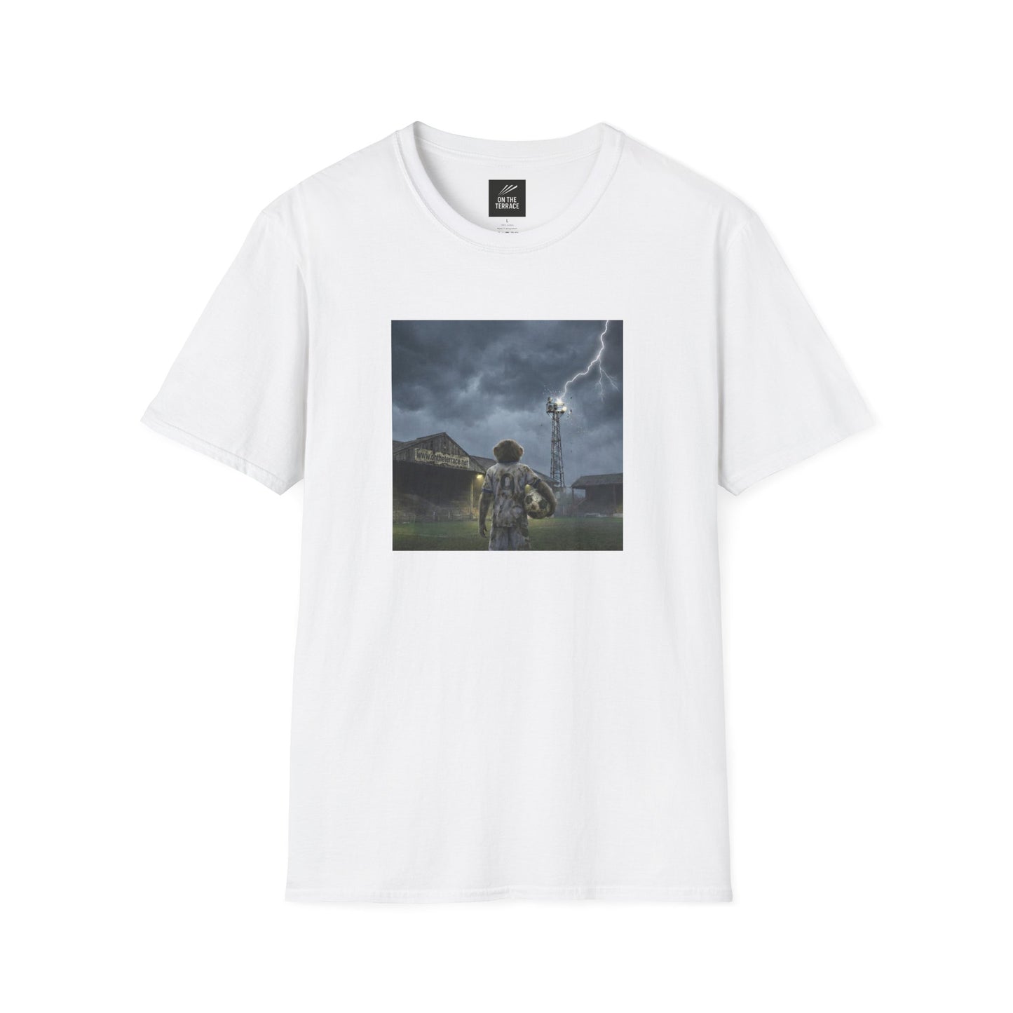 White t-shirt with a graphic of a person under a lightning storm on a white background