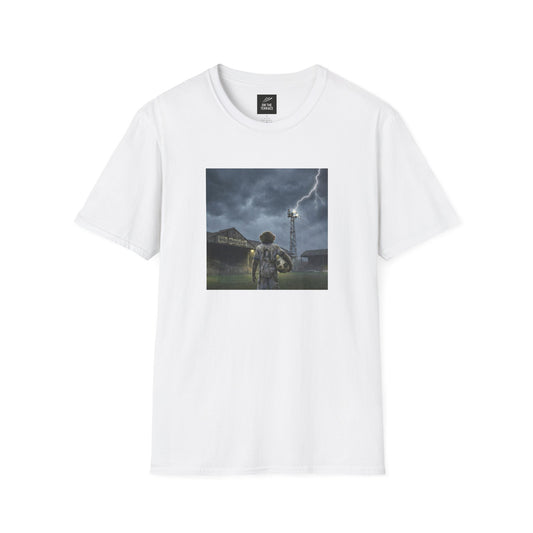 White t-shirt with a graphic of a person under a lightning storm on a white background