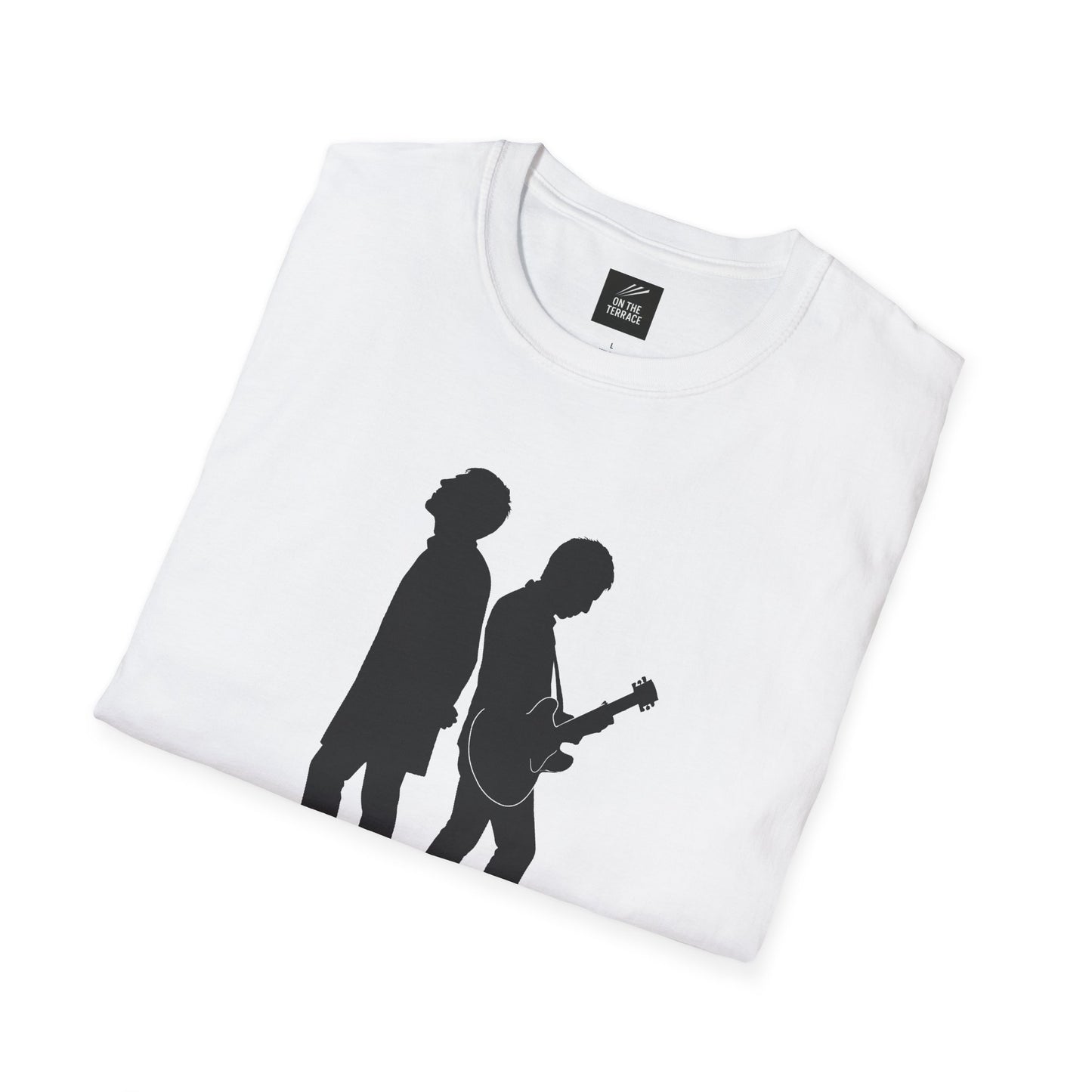 White T-shirt with black silhouette of two musicians, one playing guitar, folded flat