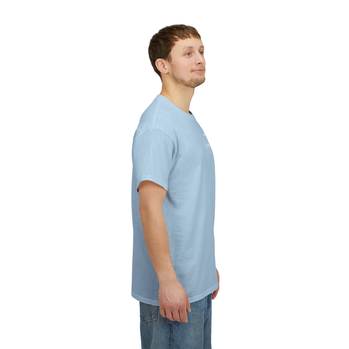 Side view of a man wearing the sky blue Coventry By Choice T-shirt