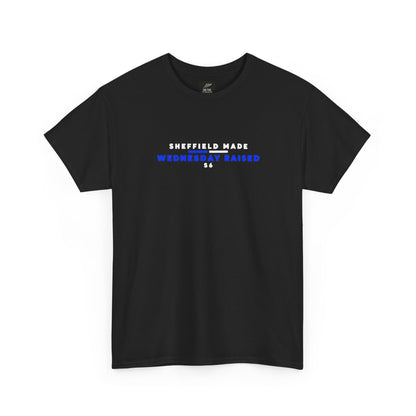 Black Sheffield Wednesday T-shirt, front view with Sheffield Made Wednesday Raised S6 chest print