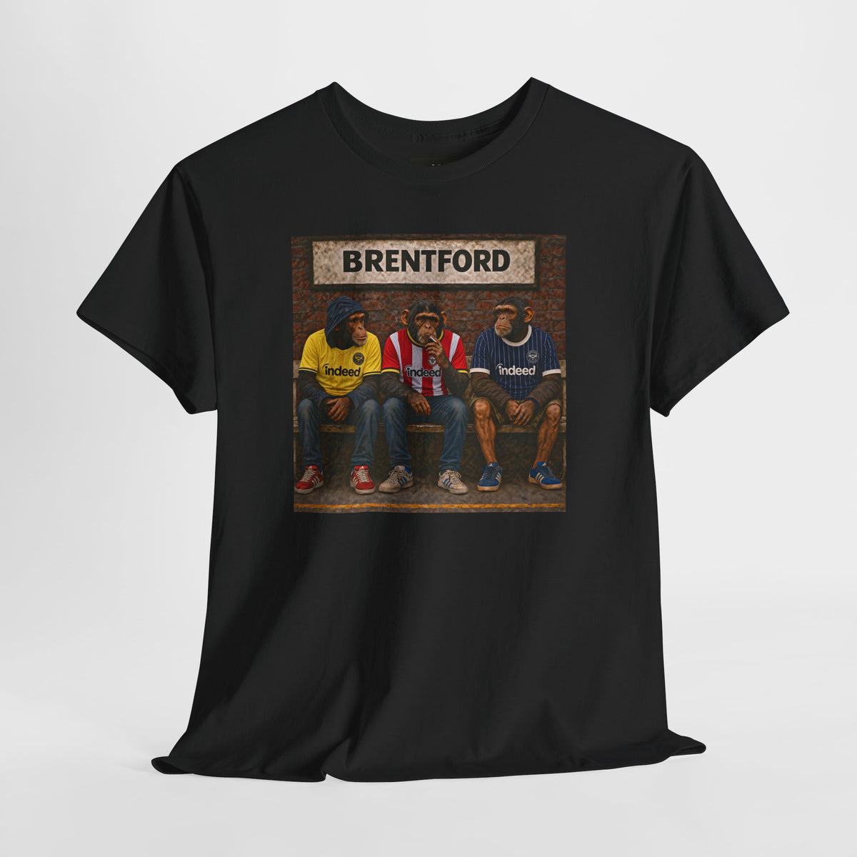 Brentford Station Bench Trio artwork close-up on black t-shirt - On The Terrace casual wear