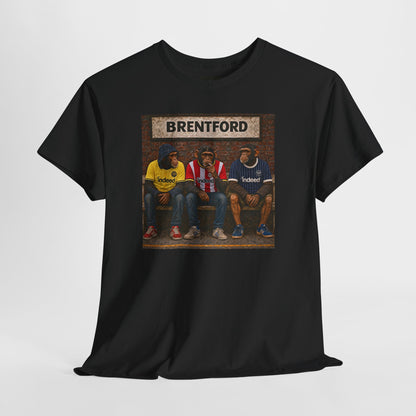 Brentford Station Bench Trio artwork close-up on black t-shirt - On The Terrace casual wear