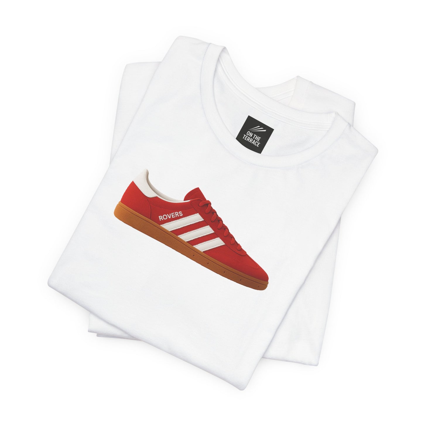 White T-shirt with printed red sneaker design labeled Rovers and On The Terrace tag