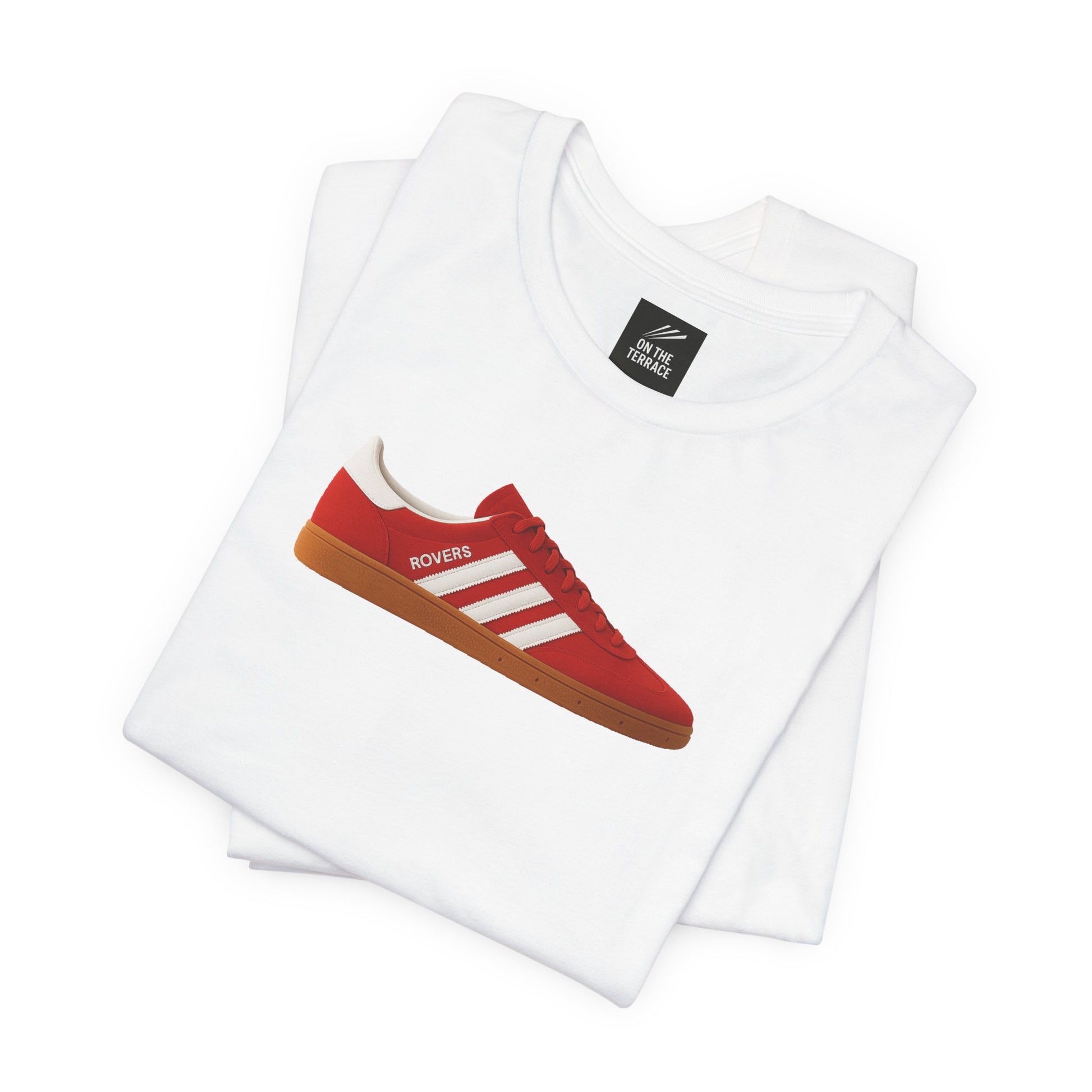 White T-shirt with printed red sneaker design labeled Rovers and On The Terrace tag