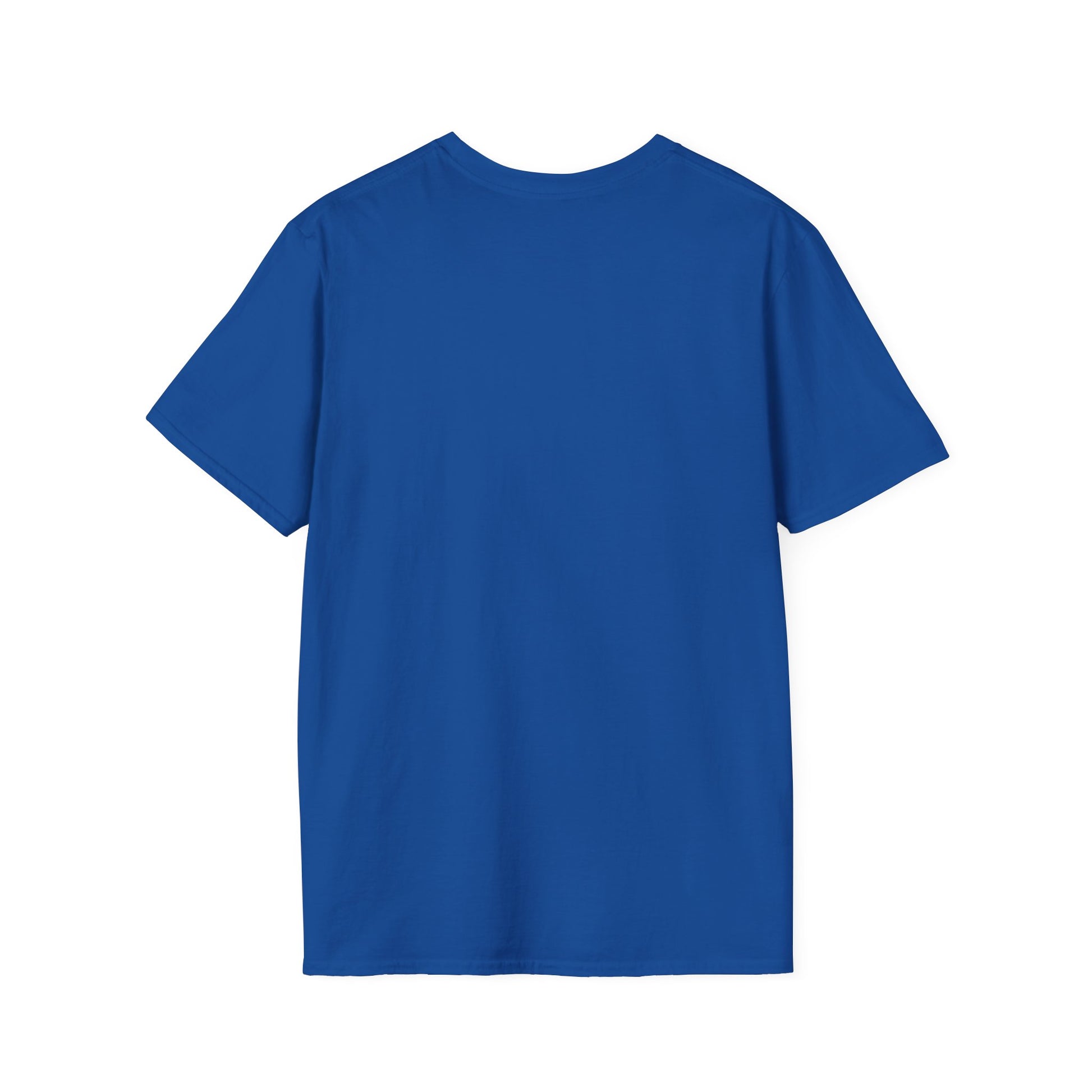 Plain blue short sleeve crew neck t-shirt shown from the back on white background