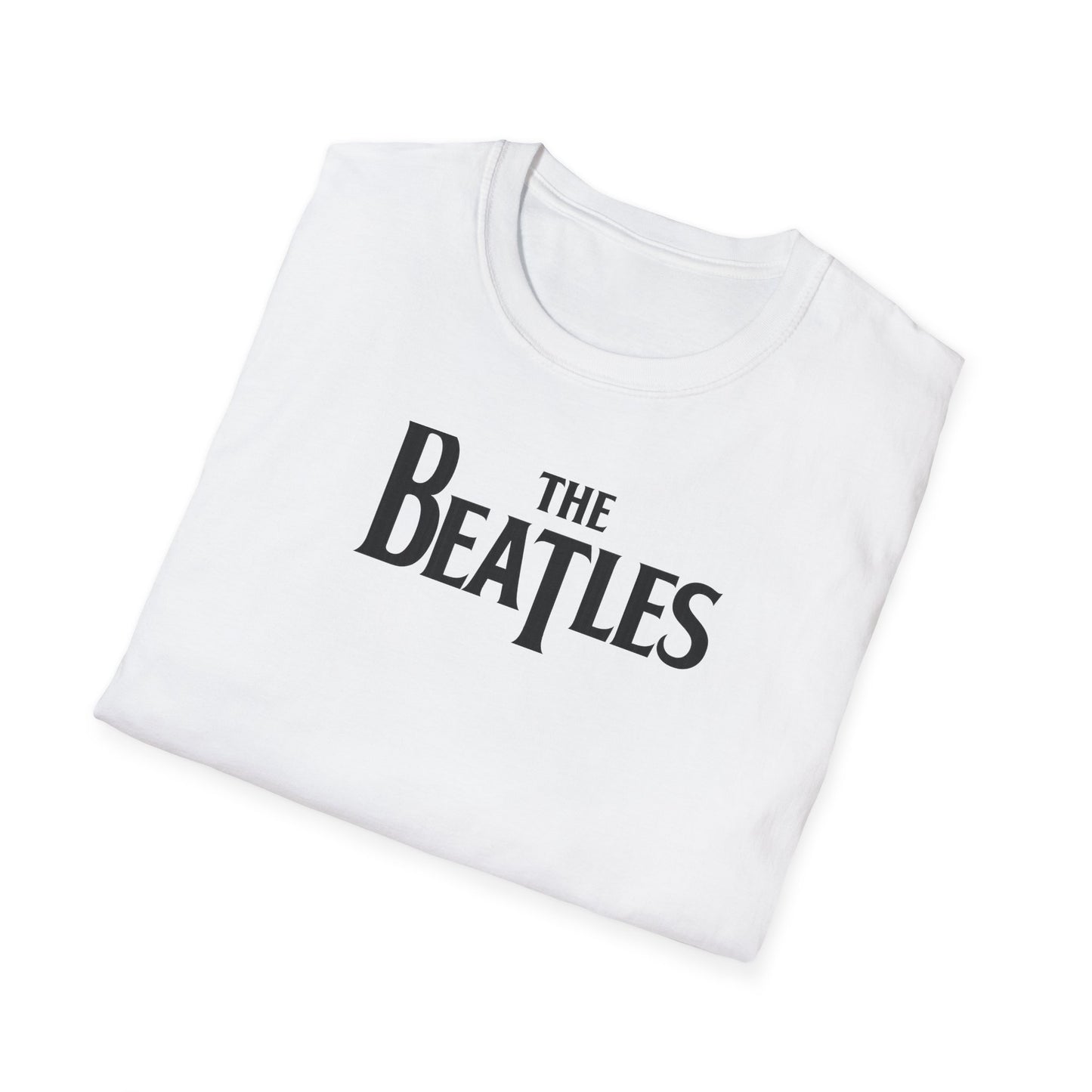 Close up of a t-shirt with 'The Beatles' logo on a white background