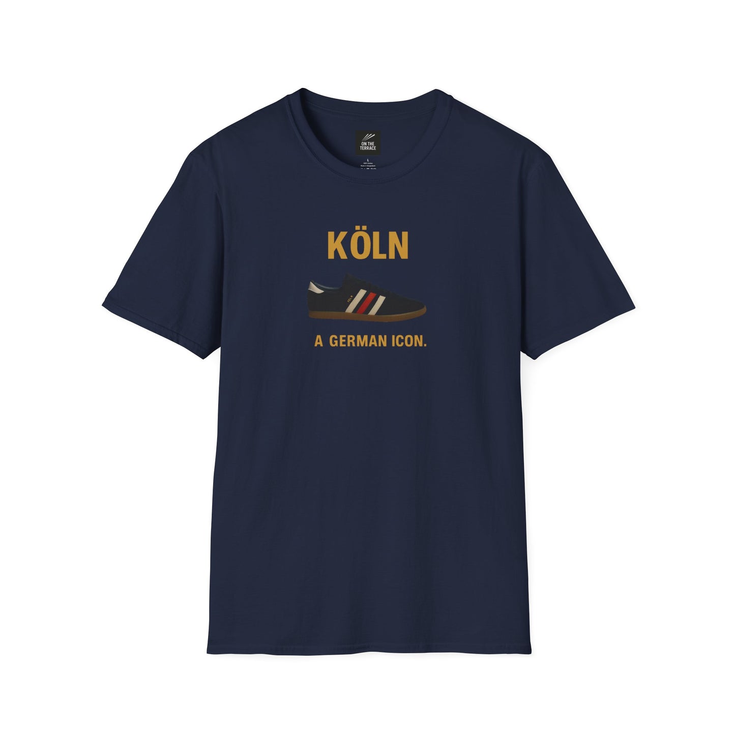 Navy blue T-shirt with graphic of a black sneaker and text Köln A German icon