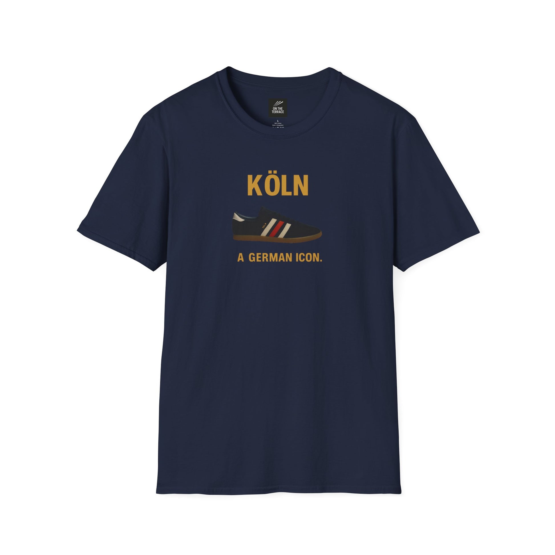 Navy blue T-shirt with graphic of a black sneaker and text Köln A German icon