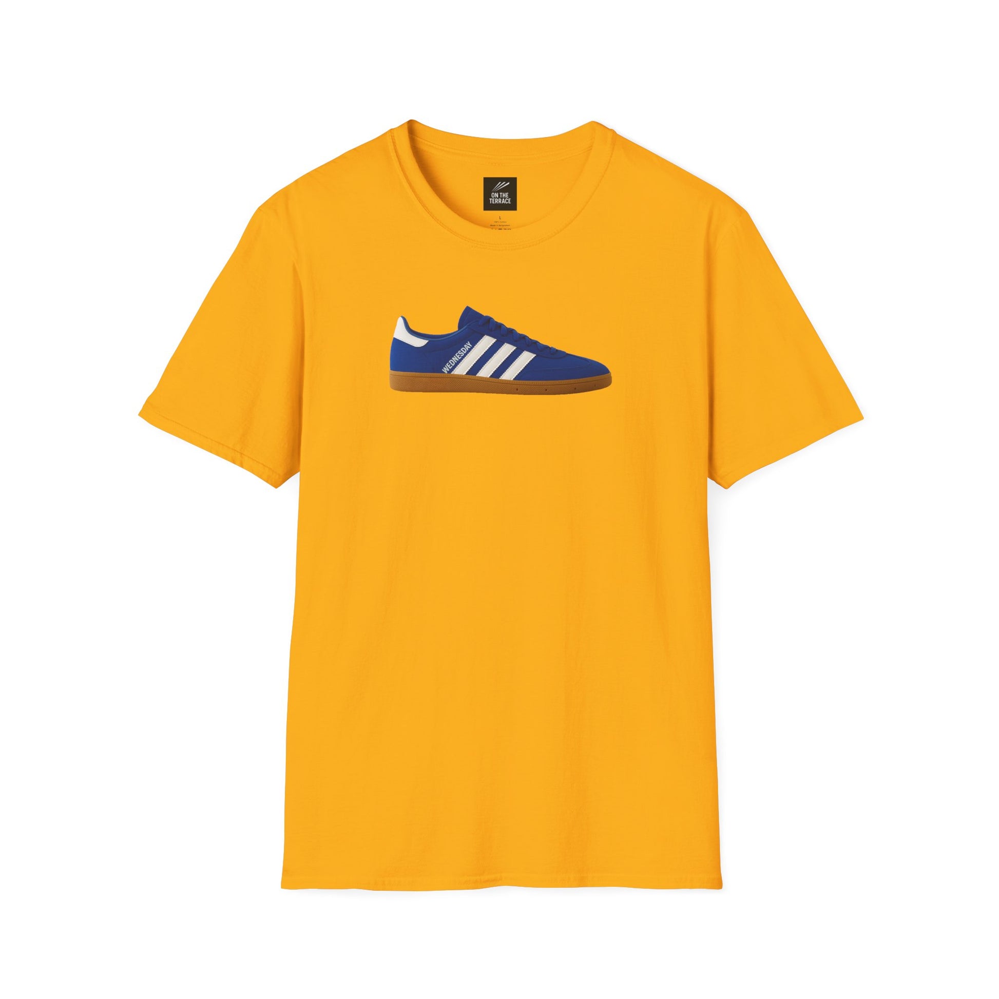 Sheffield Wednesday T-Shirt in mustard yellow featuring blue Adidas-style sneaker graphic. Soft cotton tee with DTG print, ideal for sports fans.