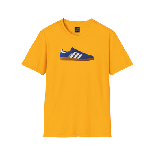 Sheffield Wednesday T-Shirt in mustard yellow featuring blue Adidas-style sneaker graphic. Soft cotton tee with DTG print, ideal for sports fans.