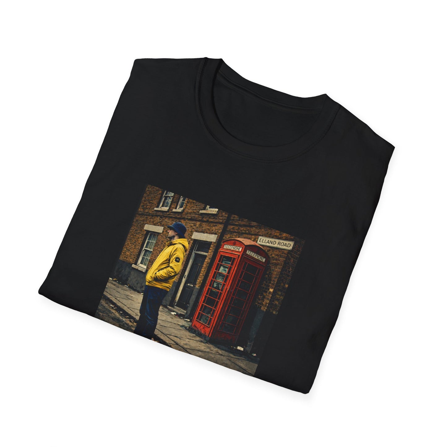 Leeds United Black t-shirt with a graphic of a person in a yellow jacket standing next to a red telephone box on a white background