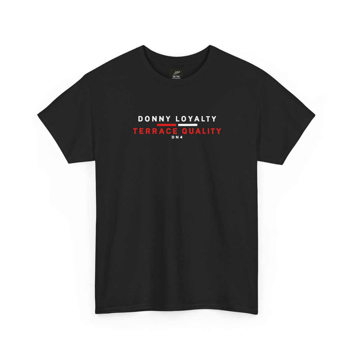 Black Doncaster Rovers T-shirt, front view with Donny Loyalty Terrace Quality DN4 chest print