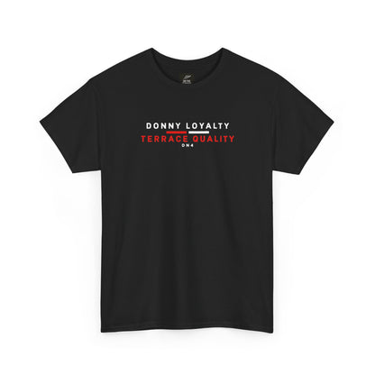 Black Doncaster Rovers T-shirt, front view with Donny Loyalty Terrace Quality DN4 chest print