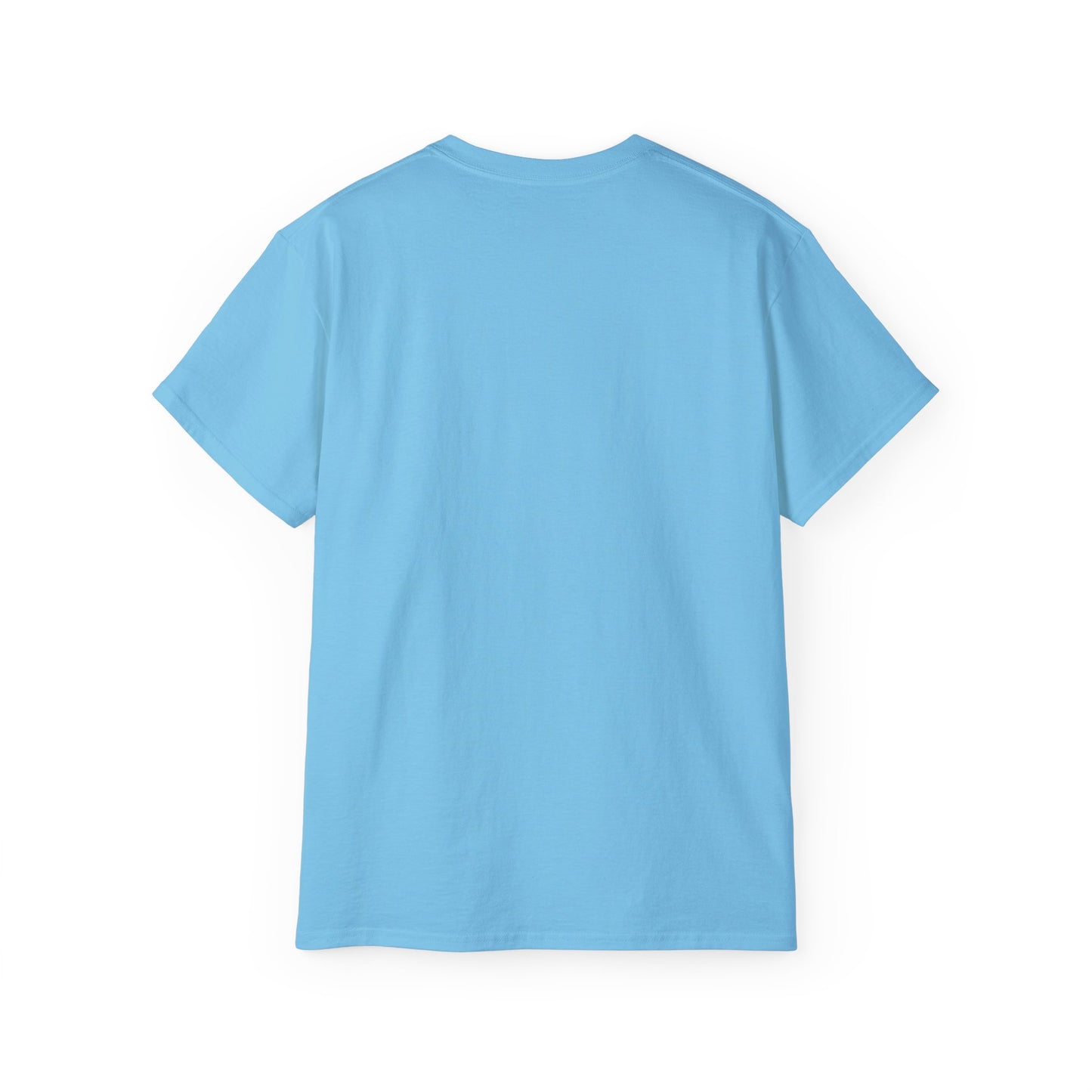 Plain light blue short sleeve cotton T-shirt laid flat showing back view