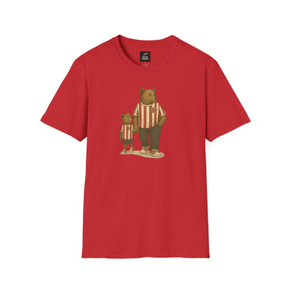 Red t-shirt with bear graphic on a white background