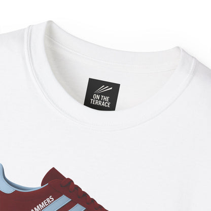 White crew neck t-shirt with On The Terrace black label inside collar and partial red sneaker graphic