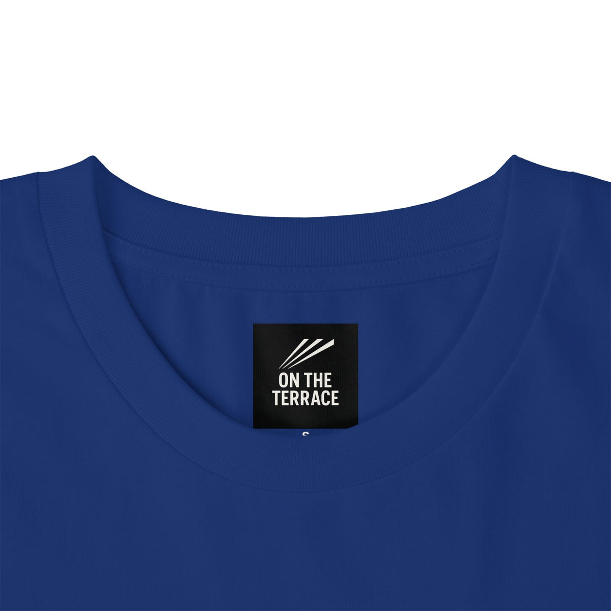 Close-up of On The Terrace neck label on royal blue Sheffield Wednesday embroidered T-shirt