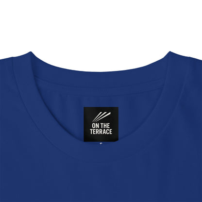 Close-up of On The Terrace neck label on royal blue Sheffield Wednesday embroidered T-shirt